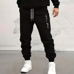 Men's black jogger sweatpants with white New York letter print and drawstring waist