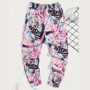 Men's Casual Streetwear Graffiti Print Sweatpants Loose Drawstring Elastic Waist Jogger Pants Hip Hop Tapered Trousers