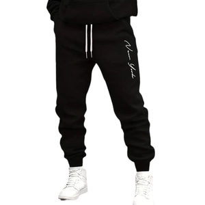 Men's black jogger sweatpants with white New York text print and drawstring waist