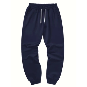 Men's navy blue solid joggers with elastic drawstring waist and ribbed cuffs for sports