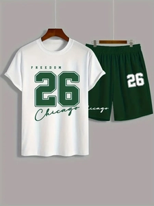 Men's Summer Casual Sport Suit Printed Freedom 26 Chicago Short Sleeve Top And Bottom Sportswear Outfit Two Piece Set