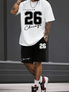Men's two-piece casual sportswear set with white No.26 printed T-shirt and black shorts