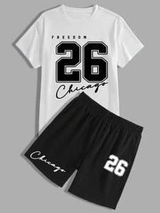 Men's summer casual two-piece set with number 26 Chicago t-shirt and sports shorts