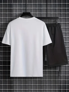 Men's summer casual two-piece set featuring white short-sleeve T-shirt and black shorts