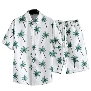 Men's summer Hawaiian set with green coconut tree prints on short sleeve shirt and shorts