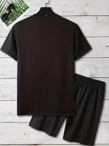 Men's summer black short sleeve T-shirt and shorts set with 3D digital print casual style