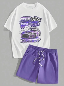Men's summer sports set with speed racing print white t-shirt and purple shorts
