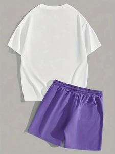 Men's summer casual two-piece set with white short sleeve t-shirt and purple sports shorts