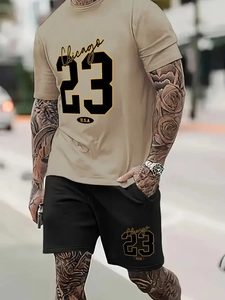 Completo sportivo estivo con T-shirt kaki stampa Chicago 23 e pantaloncini neri