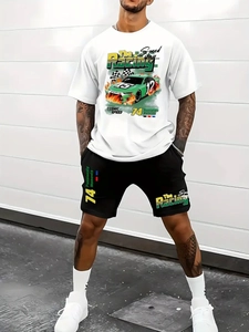 Men Racing Graphic Short Sleeve T-Shirt And Shorts Suit Summer Oversized Casual Streetwear Breathable Sporty Outfits For Men