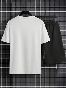 Men's casual 3D style set featuring a white short-sleeve T-shirt and black drawstring shorts