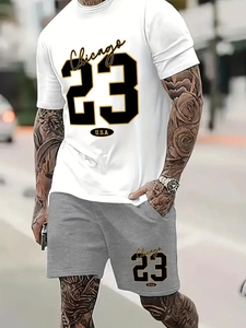 Completo sportivo bianco e pantaloncini grigi con stampa grafica Chicago 23 all'aperto