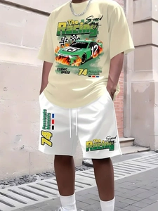 Men's summer casual two-piece set featuring oversized racing graphic T-shirt and white shorts