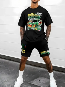 Men's 2-piece black summer casual tracksuit set featuring vintage 3D racing graphic prints