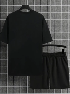 Men's summer casual two-piece outfit with black short-sleeve T-shirt and elastic shorts