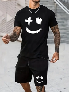 Men's black summer tracksuit with white graffiti smile print and urban streetwear style