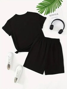 Men's retro smile print cotton T-shirt and shorts set in black casual style