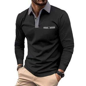 Men's slim fit black long sleeve polo shirt with classic black and white plaid collar trim