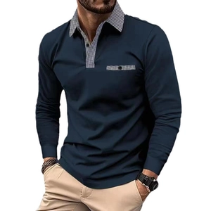 Men's navy long sleeve polo shirt with black and white houndstooth collar and pocket detail