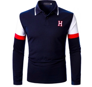 Detail of navy long sleeve polo shirt with red and white color-block sleeves and H embroidery
