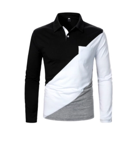 Detail of the men's long sleeve polo with color block design and white chest pocket