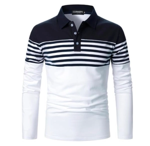 Detailed view of the three-button collar and striped pattern on long sleeve Polo shirt