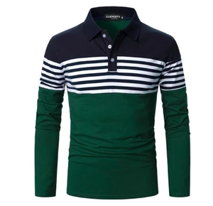 Detail of color-block long sleeve polo shirt with stripe pattern and triple button placket