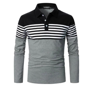 Close-up of color-blocked long sleeve Polo shirt with black and white striped chest detail