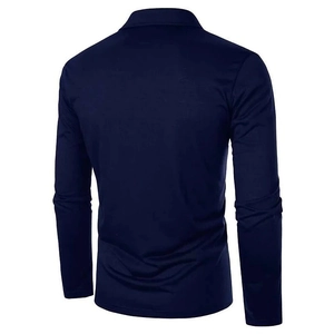 Rear view of long-sleeve navy blue polo shirt for men featuring premium knitted texture