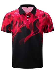 Close-up of the breathable mesh fabric and red flame print on black polo shirt