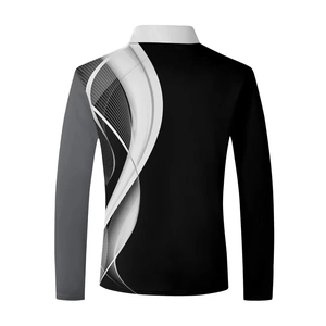 Rear view of long-sleeve polo shirt with breathable mesh fabric and grey wave graphics