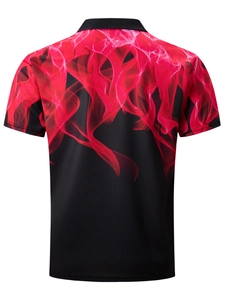 Detailed back view of black men's Polo shirt with vibrant red flame print on top