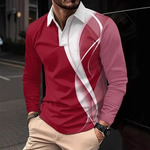 Detail of red long sleeve polo shirt with streamline print and white contrast collar