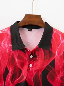 Detailed close-up of men's polo shirt collar with red smoke print and buttons