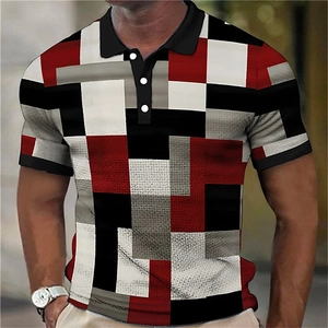Polo da uomo a maniche corte con motivo geometrico 3D moderno rosso nero e bianco