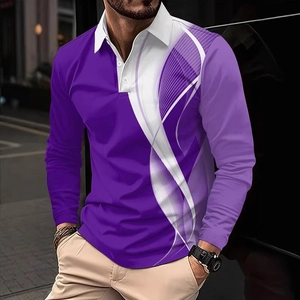 Detailed close-up of men's long sleeve polo shirt featuring purple geometric pattern design