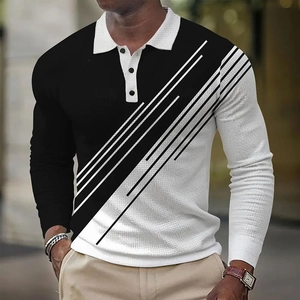 Detail view of long sleeve polo shirt with black and white geometric contrast and knitted texture