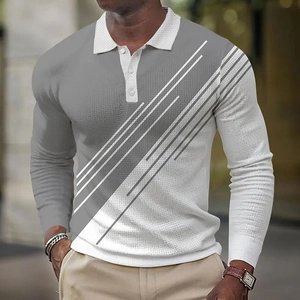 Close-up of long-sleeve polo shirt with grey gradient pattern and waffle texture