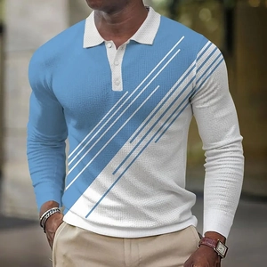 Detailed view of long sleeve polo shirt showing blue and white contrast waffle texture fabric
