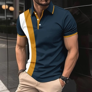 Men's casual polo shirt with navy, white and ginger yellow colorblock stripes
