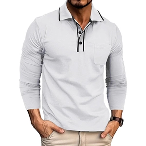 Close-up of white long sleeve polo shirt featuring black contrast piping on collar and pocket