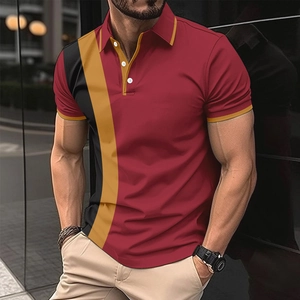 Men's slim fit polo shirt with red, yellow, and black color block diagonal stripes