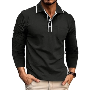 Close-up of black long-sleeve polo shirt featuring white contrast trim and chest pocket detail