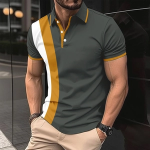 Close-up of men's polo shirt with grey, white and yellow vertical colorblock stripes