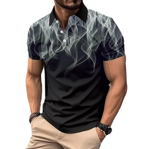 Men's slim fit black polo shirt with white smoke graphic print and buttoned collar
