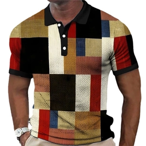 Polo da uomo a maniche corte con stampa geometrica 3D colorata e colletto nero casual
