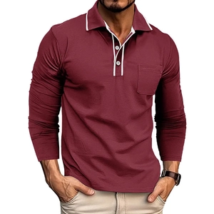Detail of burgundy long sleeve polo shirt with white piping and chest pocket