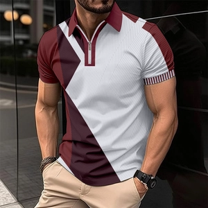 Polo homme ajusté avec patchwork géométrique rouge, blanc et gris et col zippé élégant