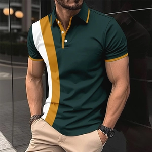 Slim fit dark green polo shirt with white and orange diagonal stripe for men's casual wear