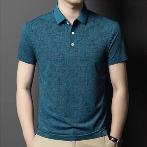 Men's business casual short sleeve Polo shirt with dark blue geometric texture and buttons